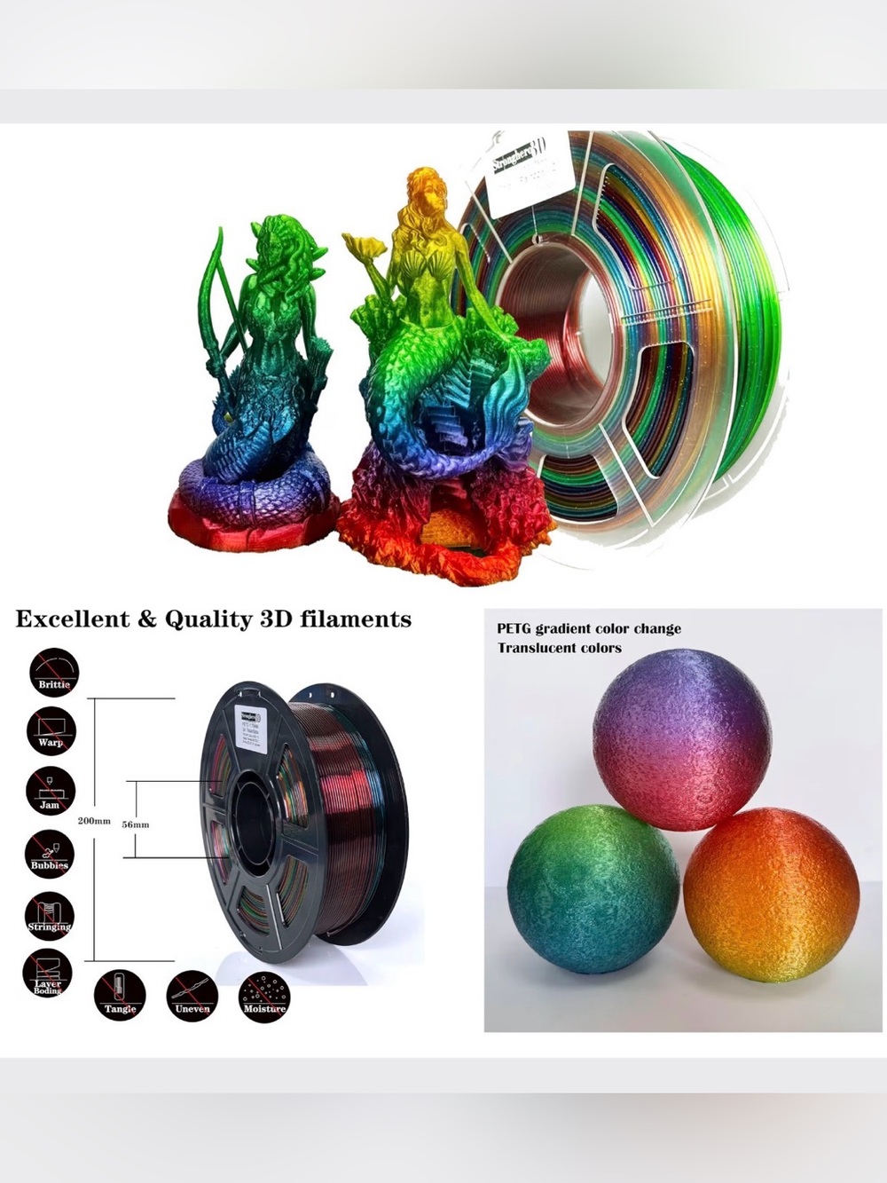 PETG 3D Printer Filament 1.75mm,Multi Color,Translucent Rainbow,1kg(2.2lbs)